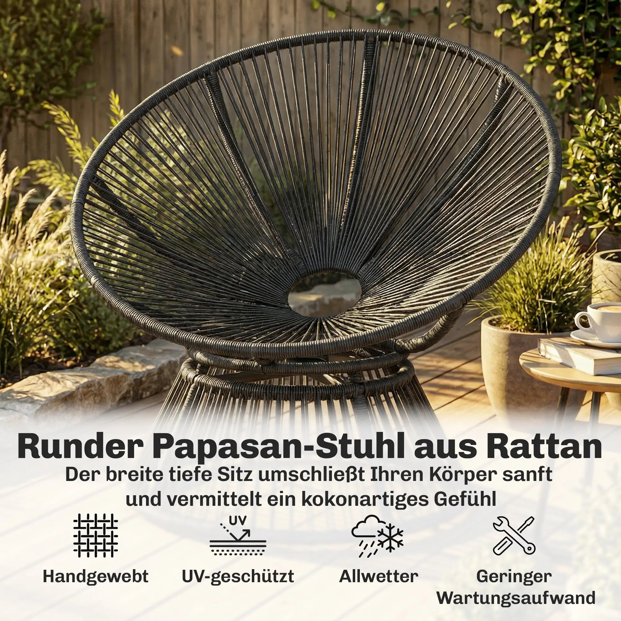 360° drehbarer Papasan-Sessel aus Rattan mit großem Kissen – für innen und außen