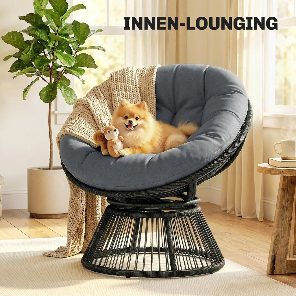 360° drehbarer Papasan-Sessel aus Rattan mit großem Kissen – für innen und außen