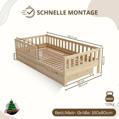 Crazy Pine Montessori Bodenbett Kinderbett Holz mit Schublade Rausfallschutz Skandinavisches Design
