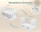 Baby Delux Babybett 60x120 Weiß mit Matratze & Schublade, Umbaubar zum Juniorbett, Kinderbett aus Kiefernholz