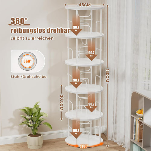 360° Drehbares Bücherregal, Bodenstehendes Bücherschrank Aus Holz, Bookshelf Mit 5 Ebenen, Verstellbare Ebenen, Standregal, 45×45×160cm, Weiß