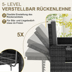 UDPATIO Rattan Lounge Sofa 2-Sitzer Grau meliert mit Hocker & Stauraum, verstellbare Rückenlehne, Metall & PE-Rattan