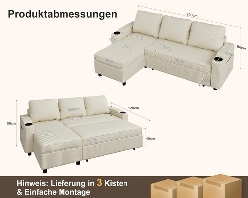 Devoko Ecksofa mit Schlaffunktion L-Form Schlafsofa mit Bettkasten Velours 3-Sitzer