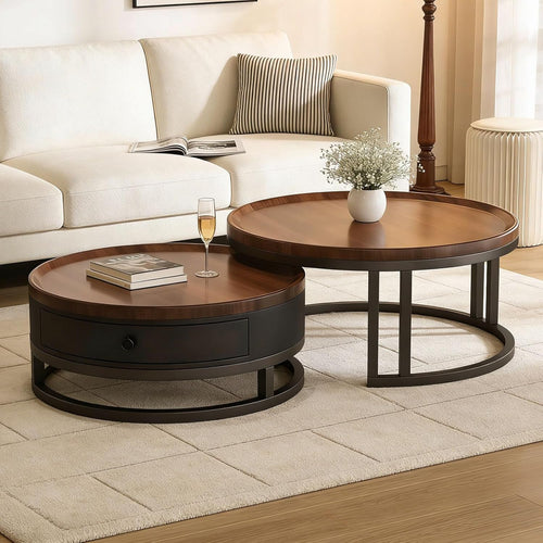 Couchtisch rund 2er Set mit Stauraum, Wohnzimmertisch mit Holz Schubladen, Walnussoptik und Metallrahmen, Moderne Kaffeetische Satztische Sofatisch für Wohnzimmer Schlafzimmer