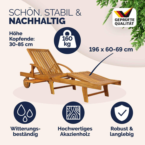 Casaria Sonnenliege 2er Set aus Akazienholz, Braun, klappbar mit Rädern & Tisch, 195x59x30 cm