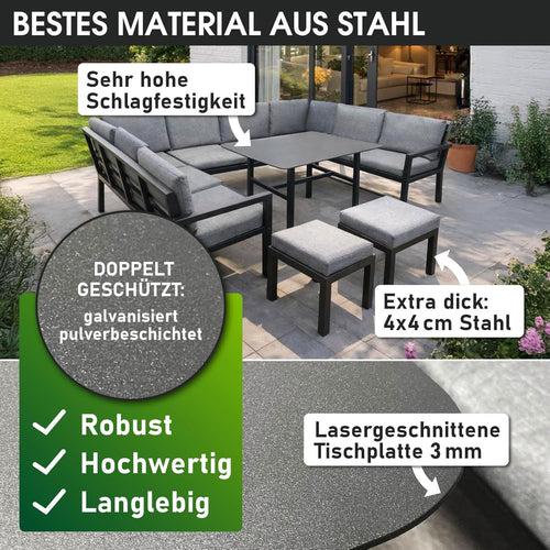 BRAST Gartenmöbel Lounge Set Madrid Hellgrau für bis zu 11 Personen, Wetterfeste Outdoor Sitzgruppe mit Tisch & Hocker