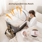 Maydolly 3-in-1 Baby Beistellbett Grau mit Matratze & Moskitonetz, Höhenverstellbares Reisebett mit Rollen für Neugeborene