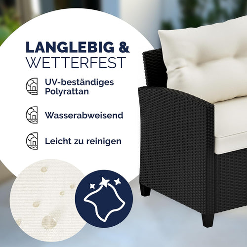 Casaria Polyrattan Ecklounge Set Schwarz mit WPC Tisch, Sessel & 2 Hockern, Wetterfeste Gartenmöbel für Terrasse & Balkon
