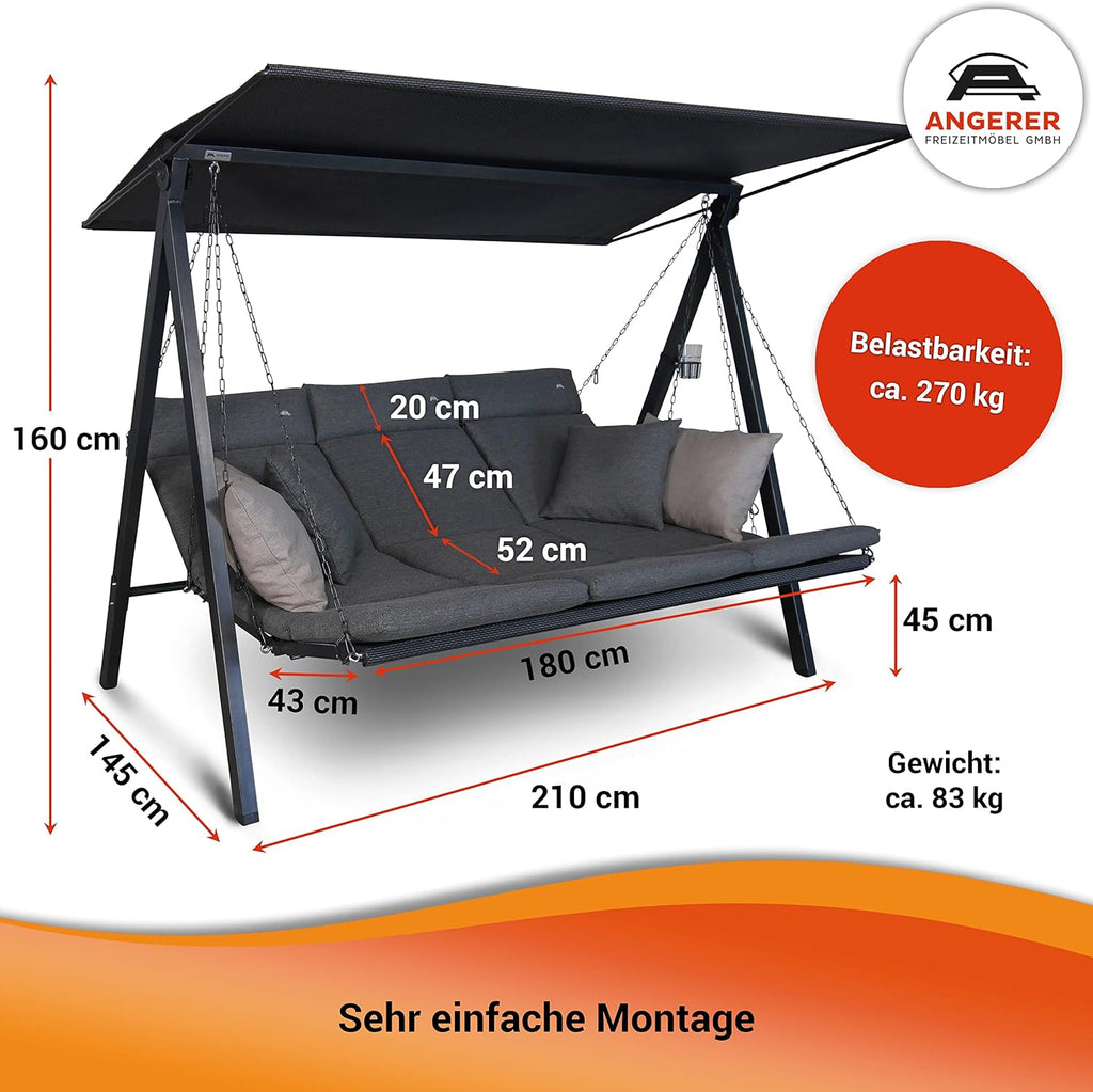 ANGERER Hollywoodschaukel Lounge Smart 3-Sitzer mit Bettfunktion & Sonnendach Gartenliege Schaukel Made in Germany