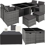 tectake Rattan Lounge Set mit Aluminiumgestell, 4 Stühle, 4 Hocker & Glastisch Wetterfeste Gartenmöbel