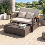 GIANTEX Rattan Lounge Gartenmöbel Set 2-Sitzer Doppelliege mit Hocker & Stauraum, Verstellbares Outdoor Sofa Balkon Terrasse
