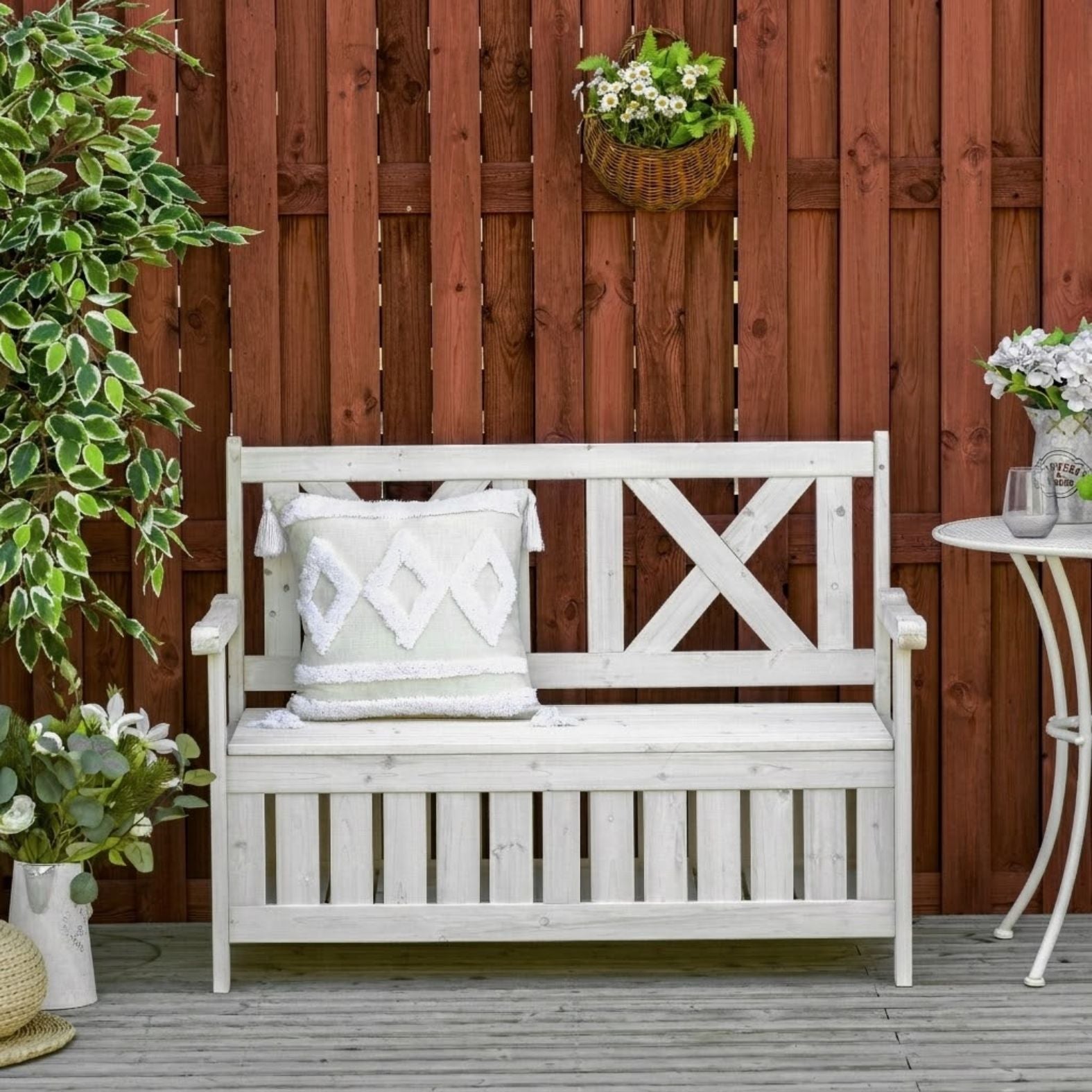 2-Sitzer Gartenbank mit Stauraum – Massives Tannenholz – Weiß – 115 x 61 x 85 cm