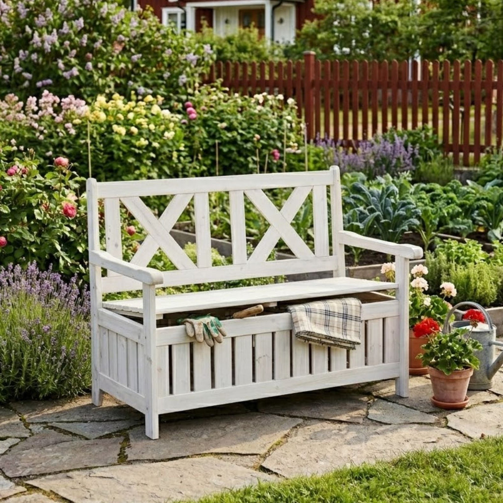 2-Sitzer Gartenbank mit Stauraum – Massives Tannenholz – Weiß – 115 x 61 x 85 cm