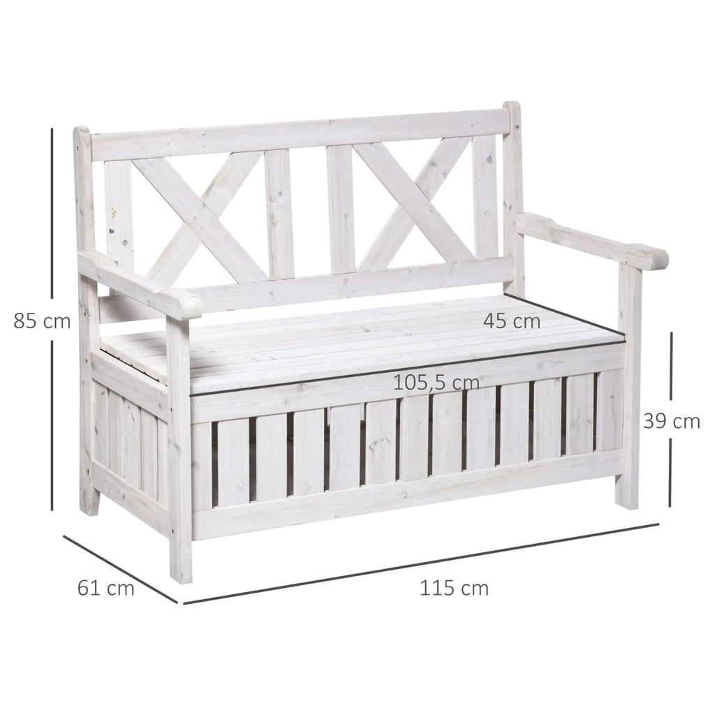 2-Sitzer Gartenbank mit Stauraum – Massives Tannenholz – Weiß – 115 x 61 x 85 cm
