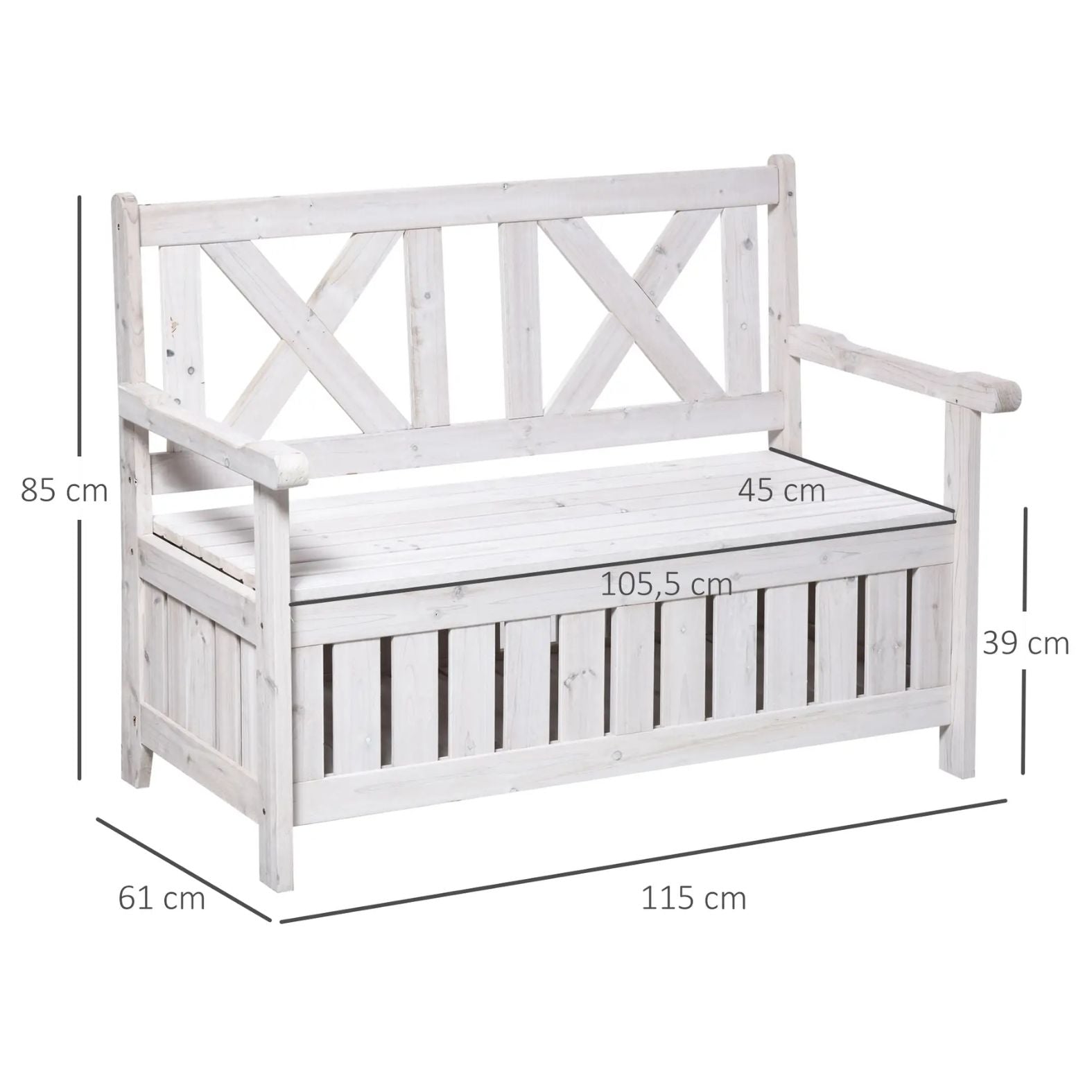 2-Sitzer Gartenbank mit Stauraum – Massives Tannenholz – Weiß – 115 x 61 x 85 cm