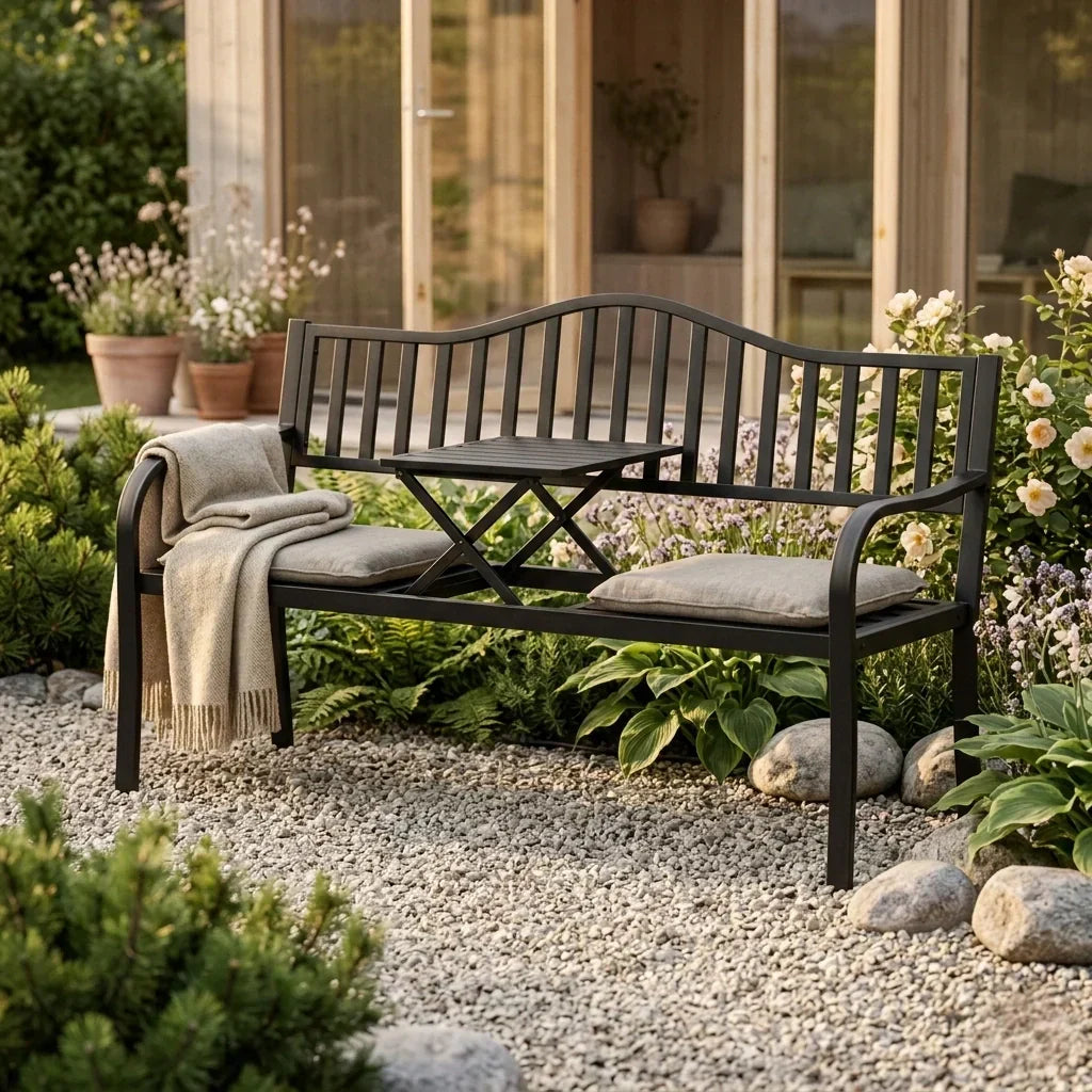 2-Sitzer Gartenbank aus Metall mit Ausziehbarem Tisch – 150 cm, Schwarz