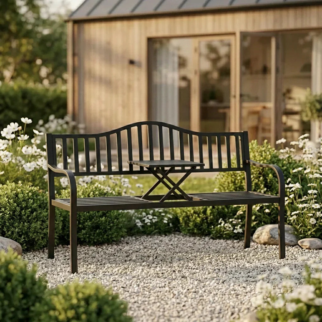 2-Sitzer Gartenbank aus Metall mit Ausziehbarem Tisch – 150 cm, Schwarz