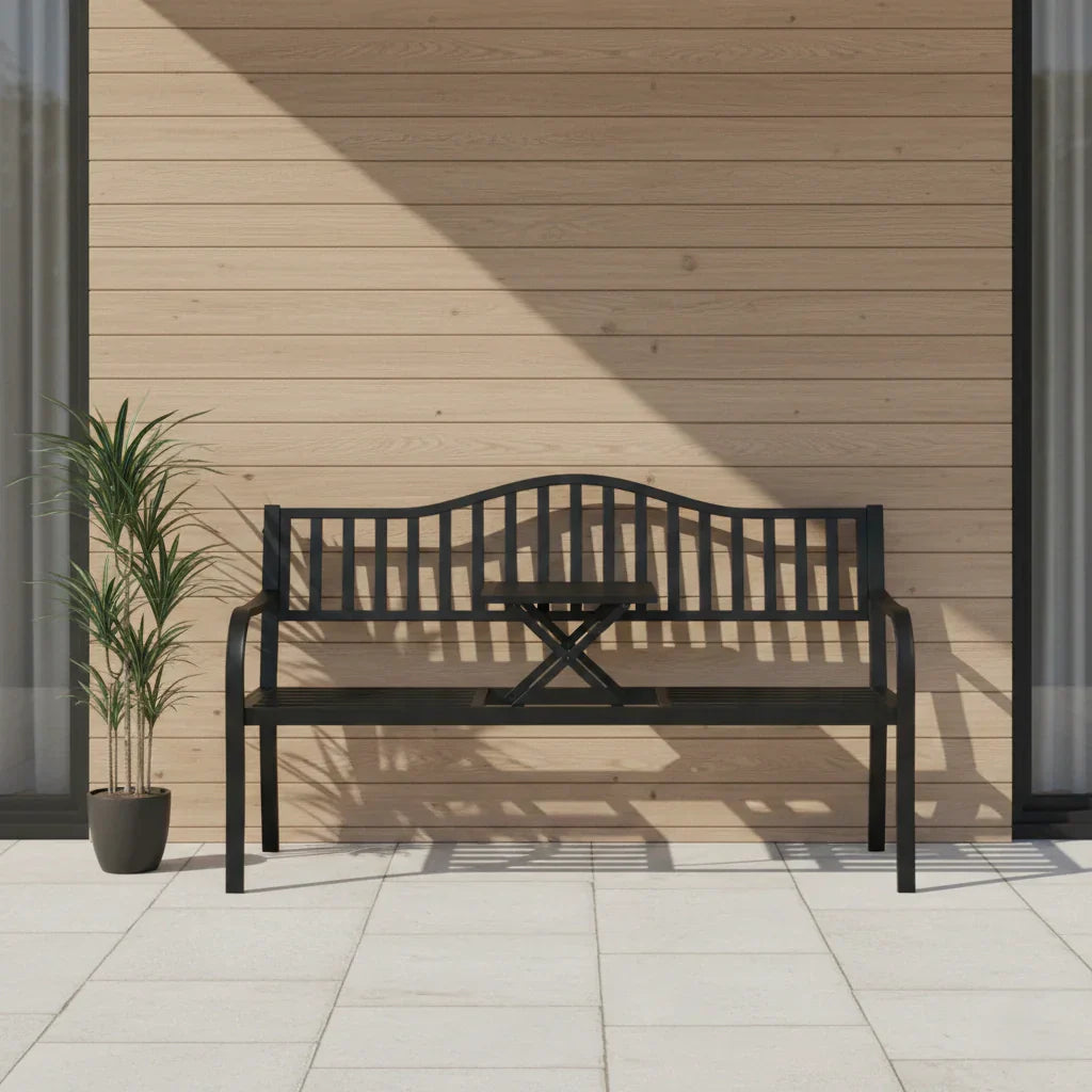 2-Sitzer Gartenbank aus Metall mit Ausziehbarem Tisch – 150 cm, Schwarz