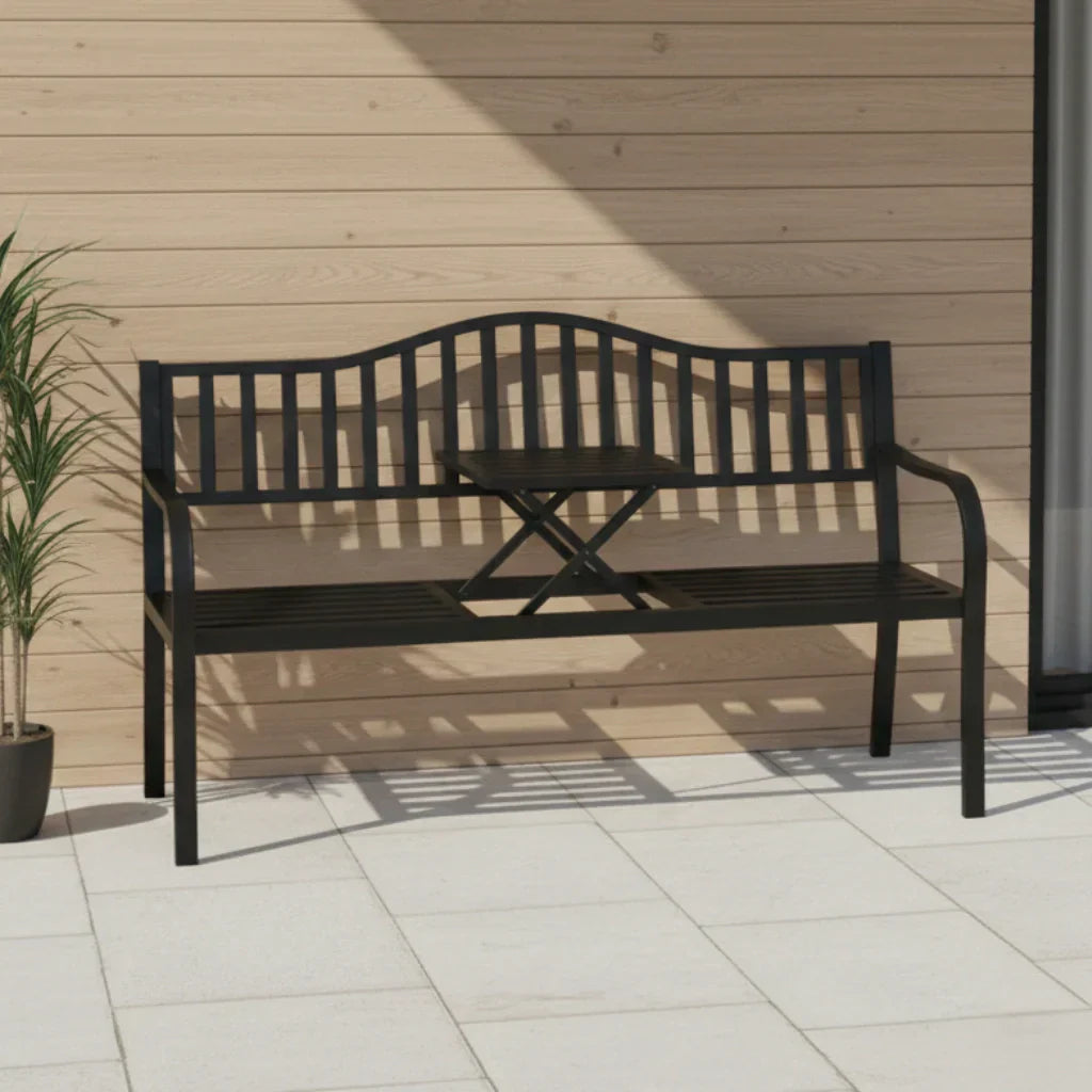2-Sitzer Gartenbank aus Metall mit Ausziehbarem Tisch – 150 cm, Schwarz