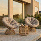 Rattan-Loungeset mit 2 drehbaren Sesseln, Tisch und dicken Polstern – 360°-Funktion