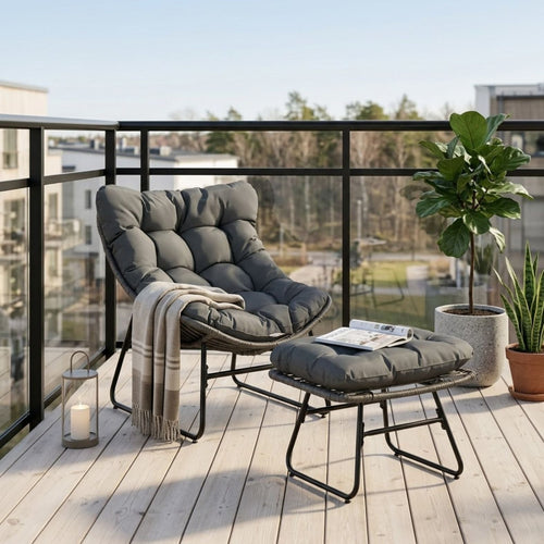 Bequemer Loungesessel aus Polyrattan mit Fußhocker und Dicken Polstern – Komfortabler Relaxsessel für Garten & Balkon – Grau