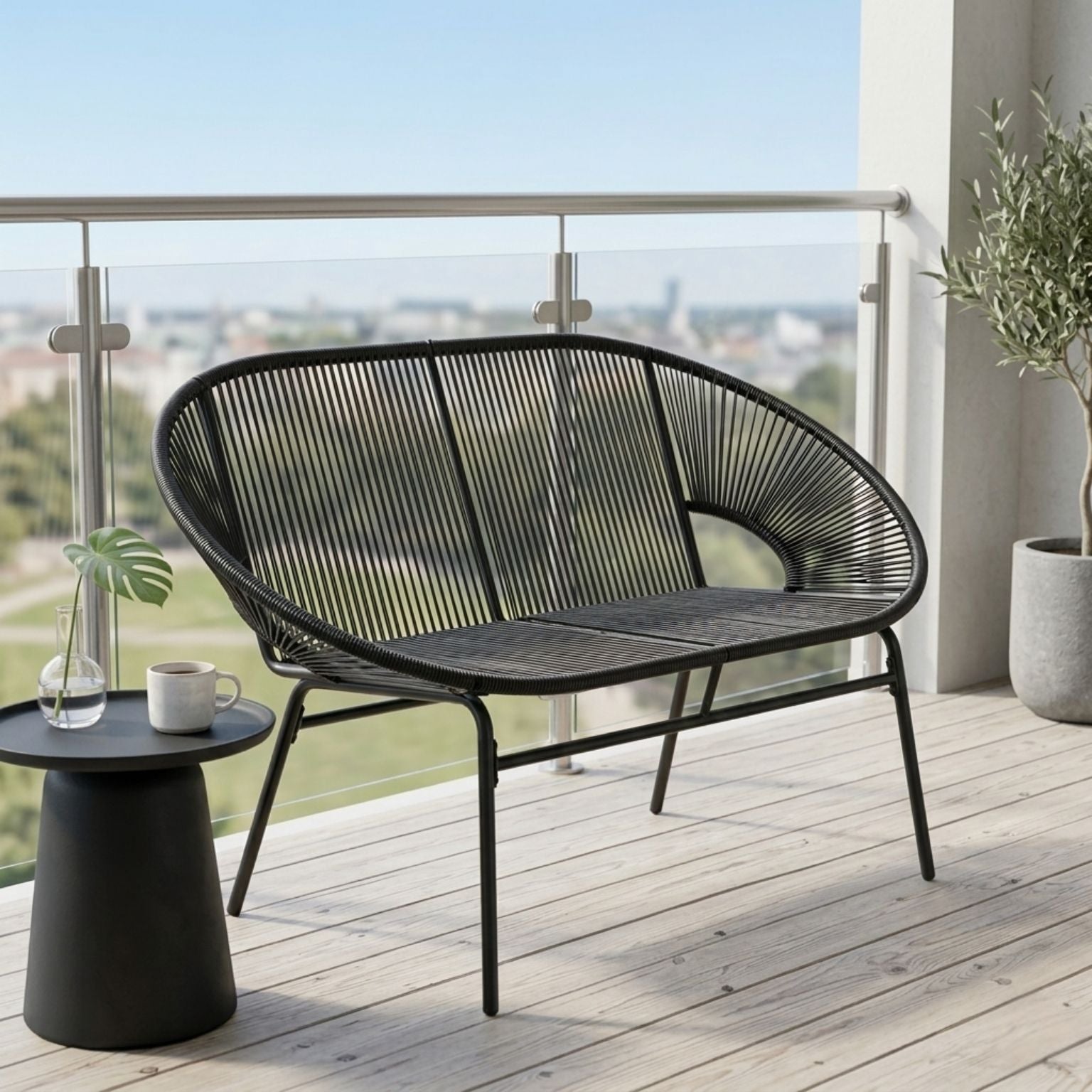 2-Sitzer Gartensofa aus PE-Rattan – ideal für Balkon und Terrasse – Schwarz