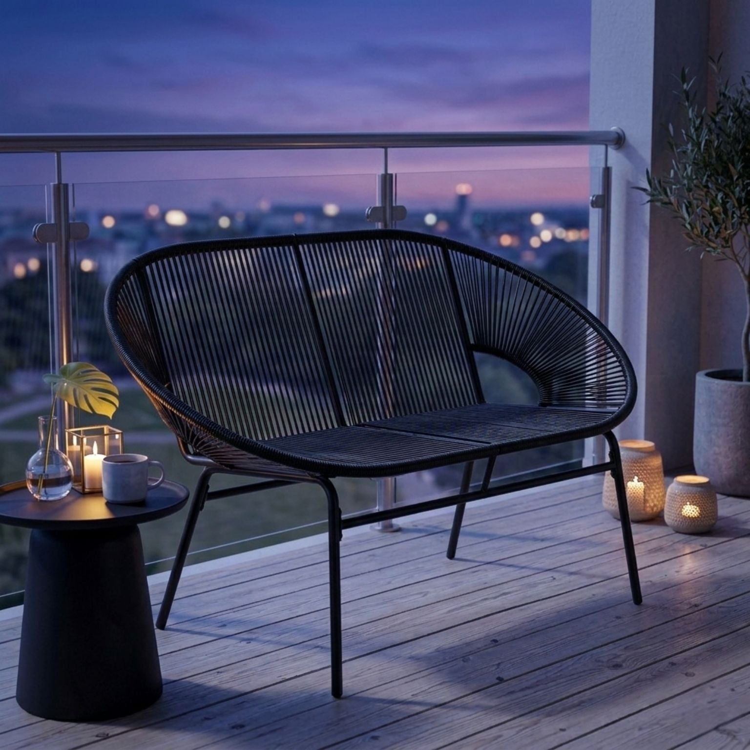 2-Sitzer Gartensofa aus PE-Rattan – ideal für Balkon und Terrasse – Schwarz