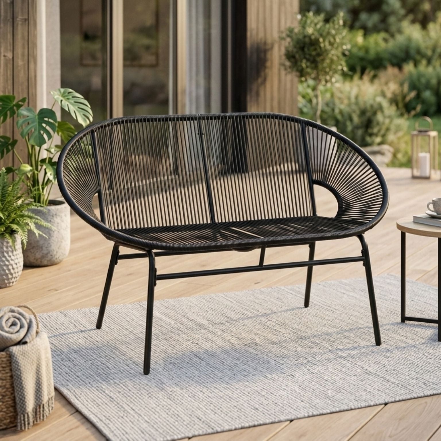 2-Sitzer Gartensofa aus PE-Rattan – ideal für Balkon und Terrasse – Schwarz