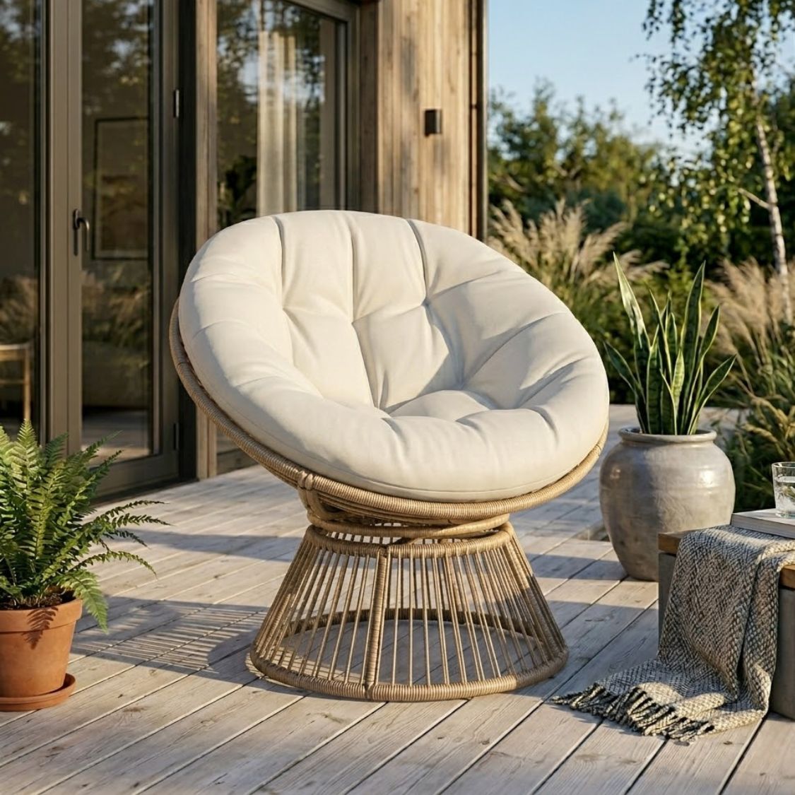 360° drehbarer Papasan-Sessel aus Rattan mit großem Kissen – für innen und außen