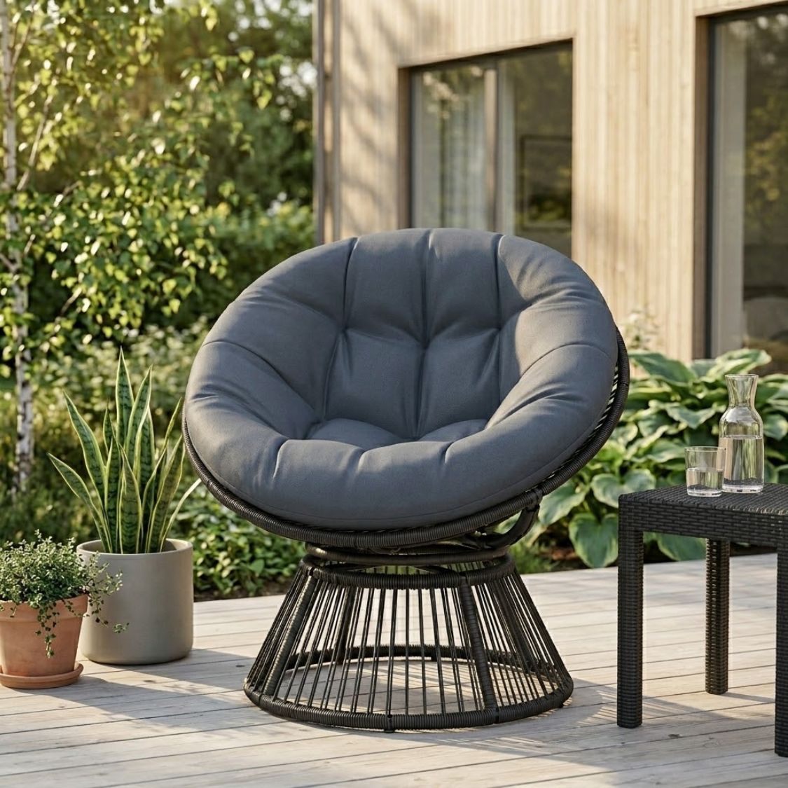 360° drehbarer Papasan-Sessel aus Rattan mit großem Kissen – für innen und außen