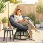 360° drehbarer Papasan-Sessel aus Rattan mit großem Kissen – für innen und außen