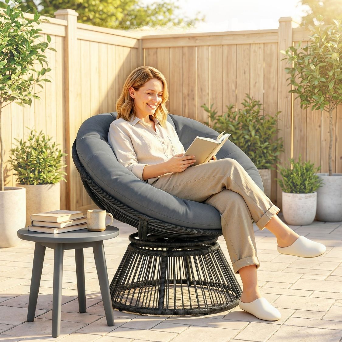360° drehbarer Papasan-Sessel aus Rattan mit großem Kissen – für innen und außen