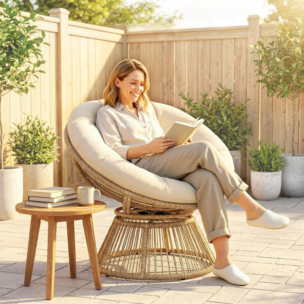 360° drehbarer Papasan-Sessel aus Rattan mit großem Kissen – für innen und außen