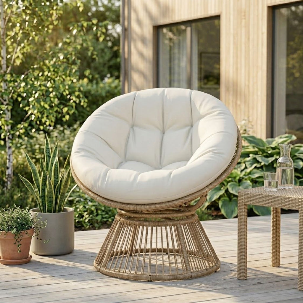 360° drehbarer Papasan-Sessel aus Rattan mit großem Kissen – für innen und außen