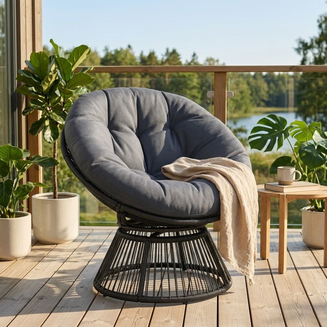 360° drehbarer Papasan-Sessel aus Rattan mit großem Kissen – für innen und außen
