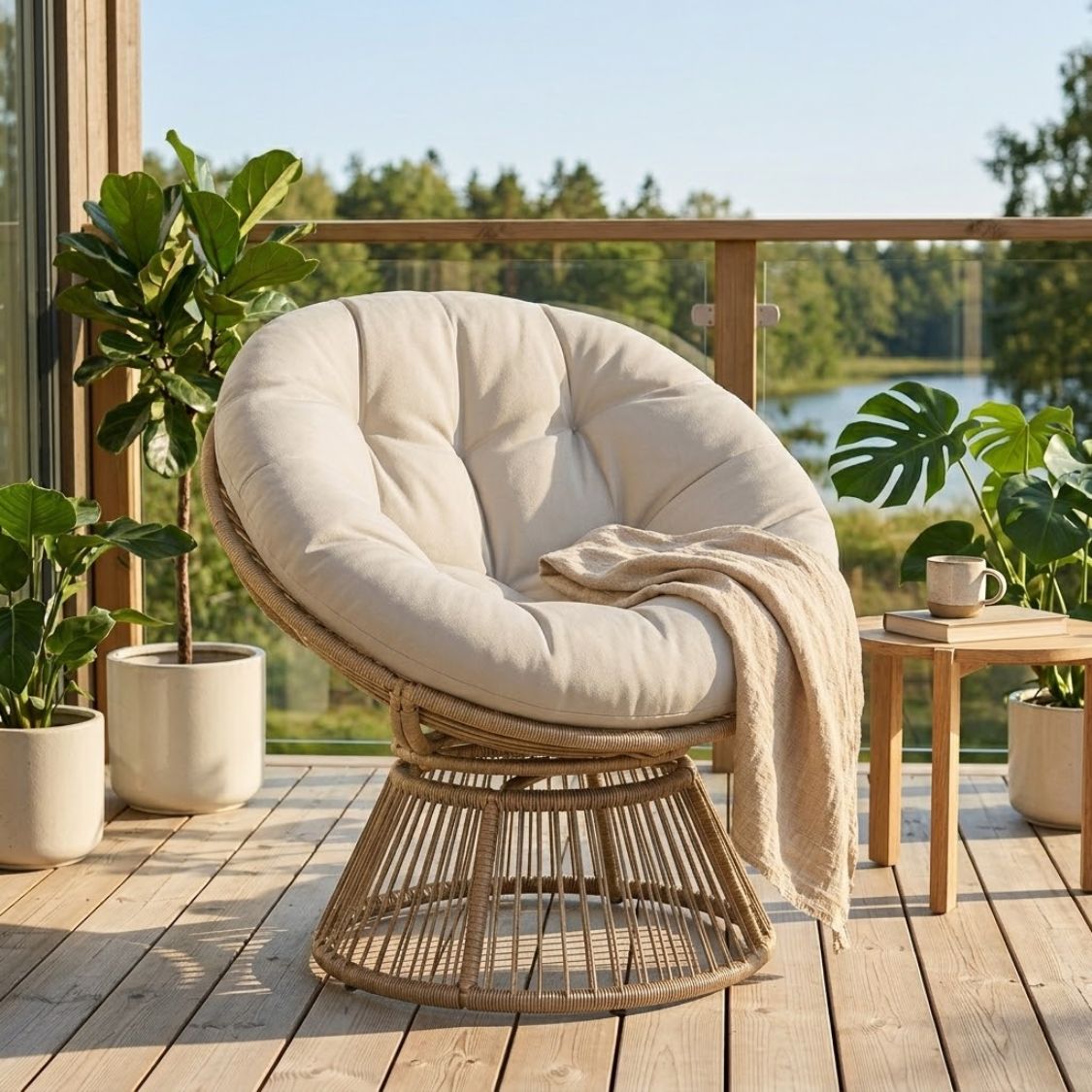 360° drehbarer Papasan-Sessel aus Rattan mit großem Kissen – für innen und außen