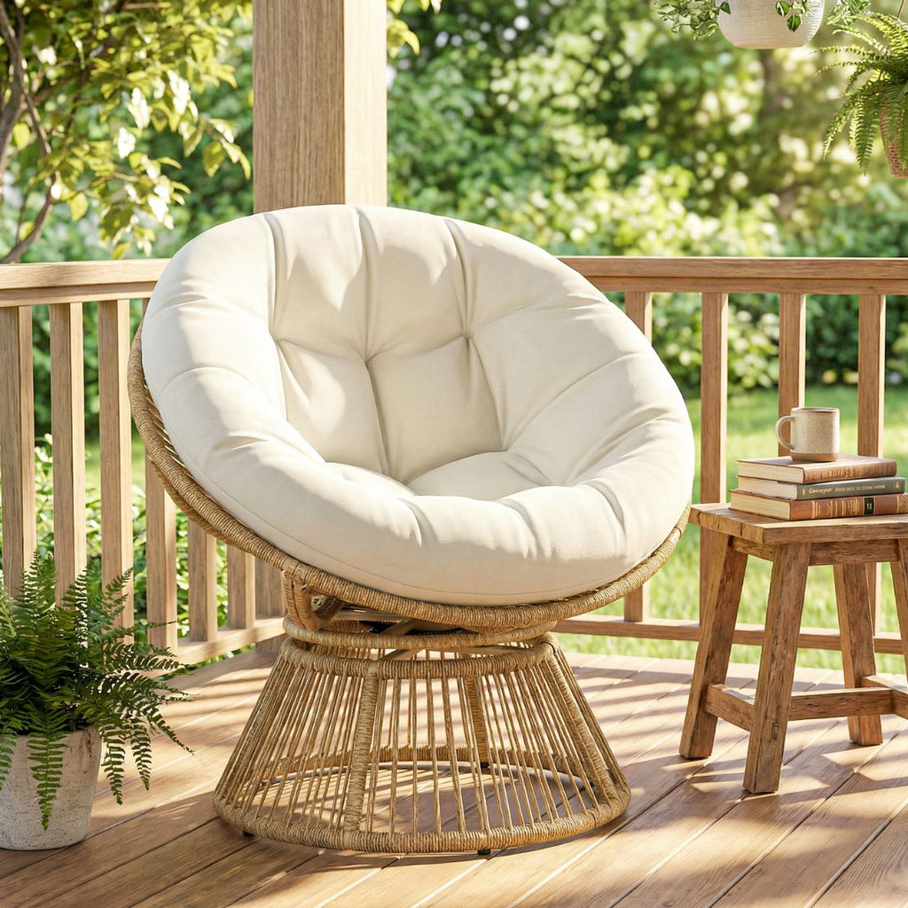 360° drehbarer Papasan-Sessel aus Rattan mit großem Kissen – für innen und außen