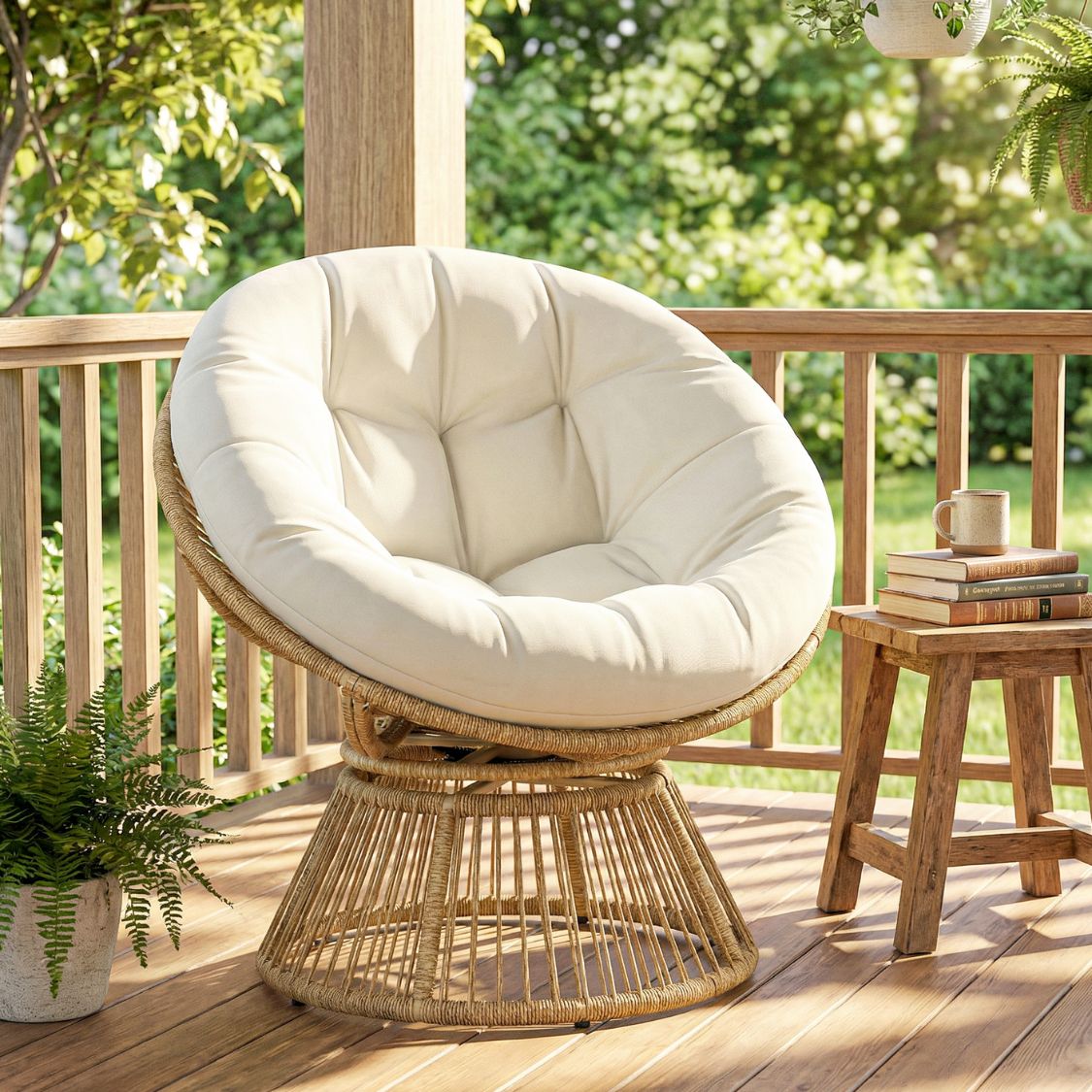 360° drehbarer Papasan-Sessel aus Rattan mit großem Kissen – für innen und außen