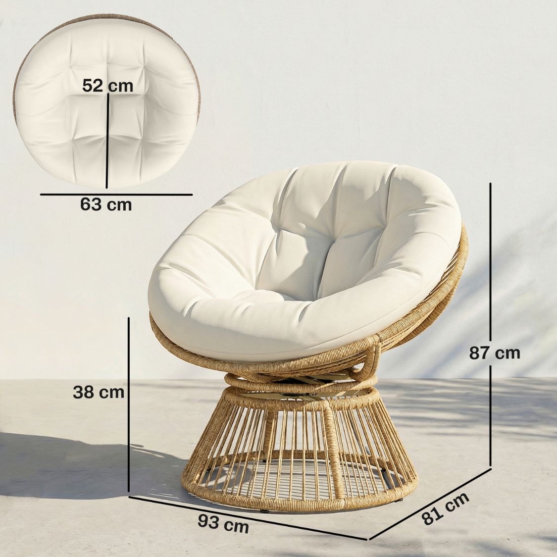 360° drehbarer Papasan-Sessel aus Rattan mit großem Kissen – für innen und außen