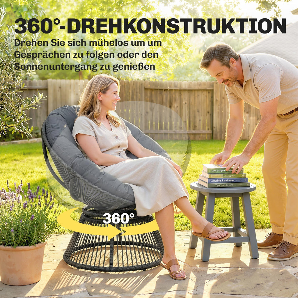 360° drehbarer Papasan-Sessel aus Rattan mit großem Kissen – für innen und außen