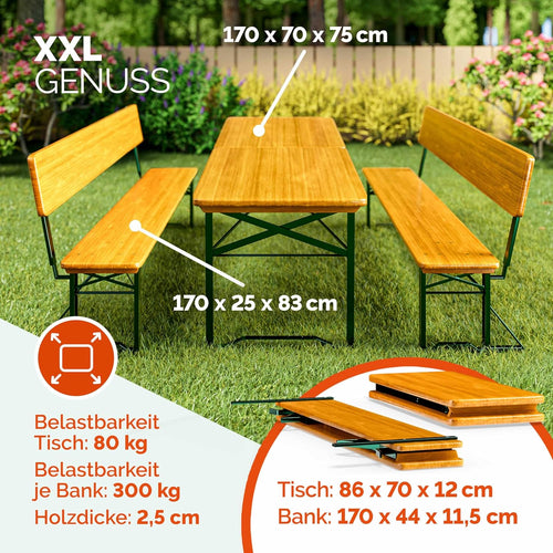 Casaria Bierzeltgarnitur 170 cm Braun Holz Stahl klappbar mit Lehne 3-teilig Bierbank Set Tisch Outdoor