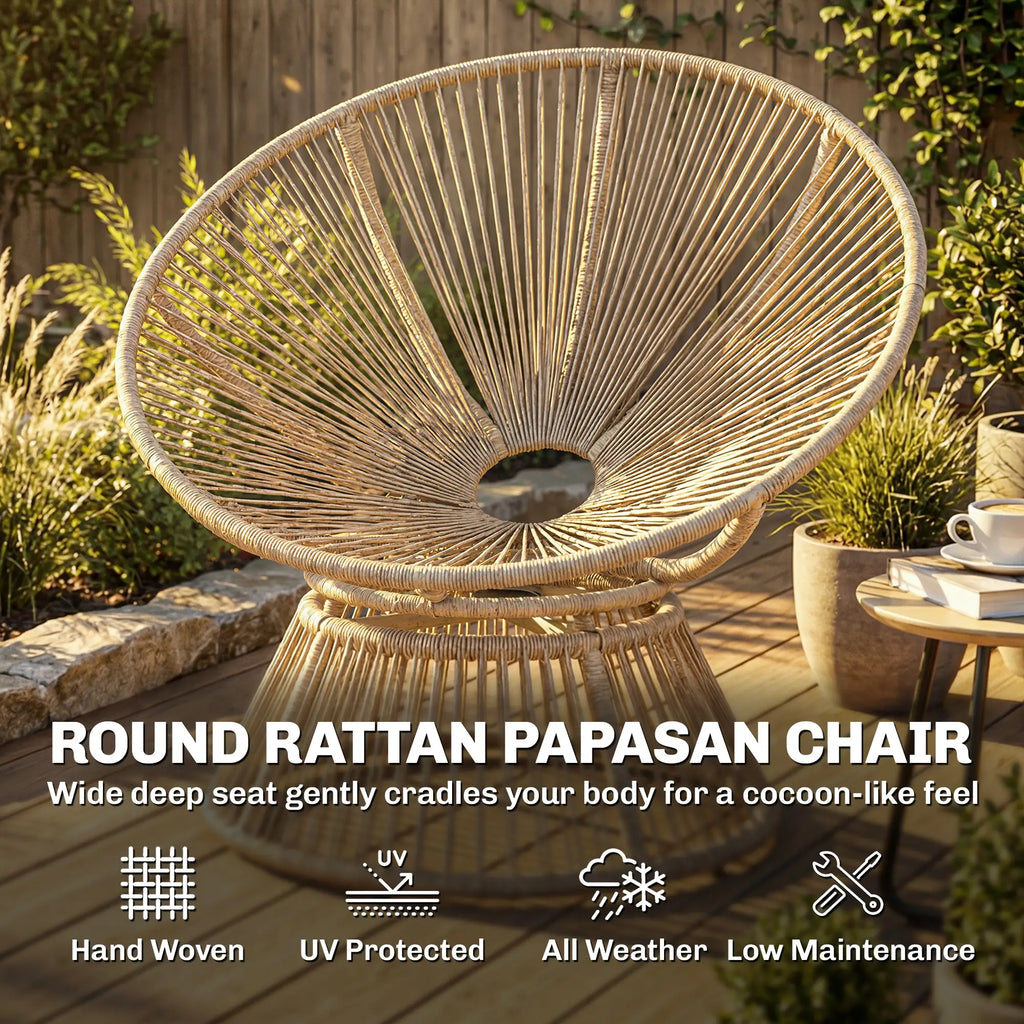 360° drehbarer Papasan-Sessel aus Rattan mit großem Kissen – für innen und außen