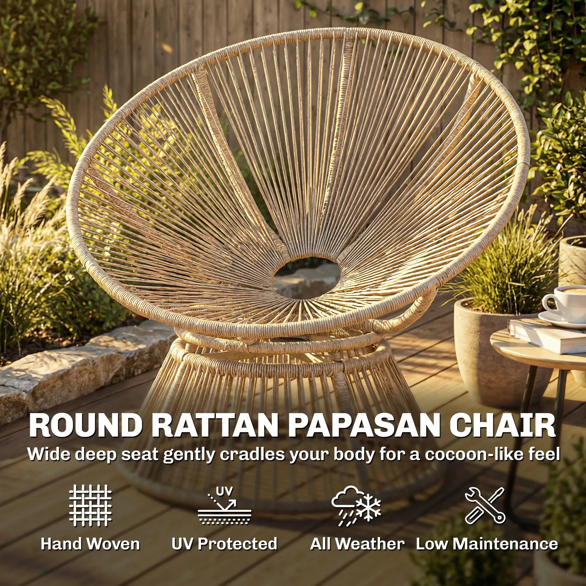 360° drehbarer Papasan-Sessel aus Rattan mit großem Kissen – für innen und außen