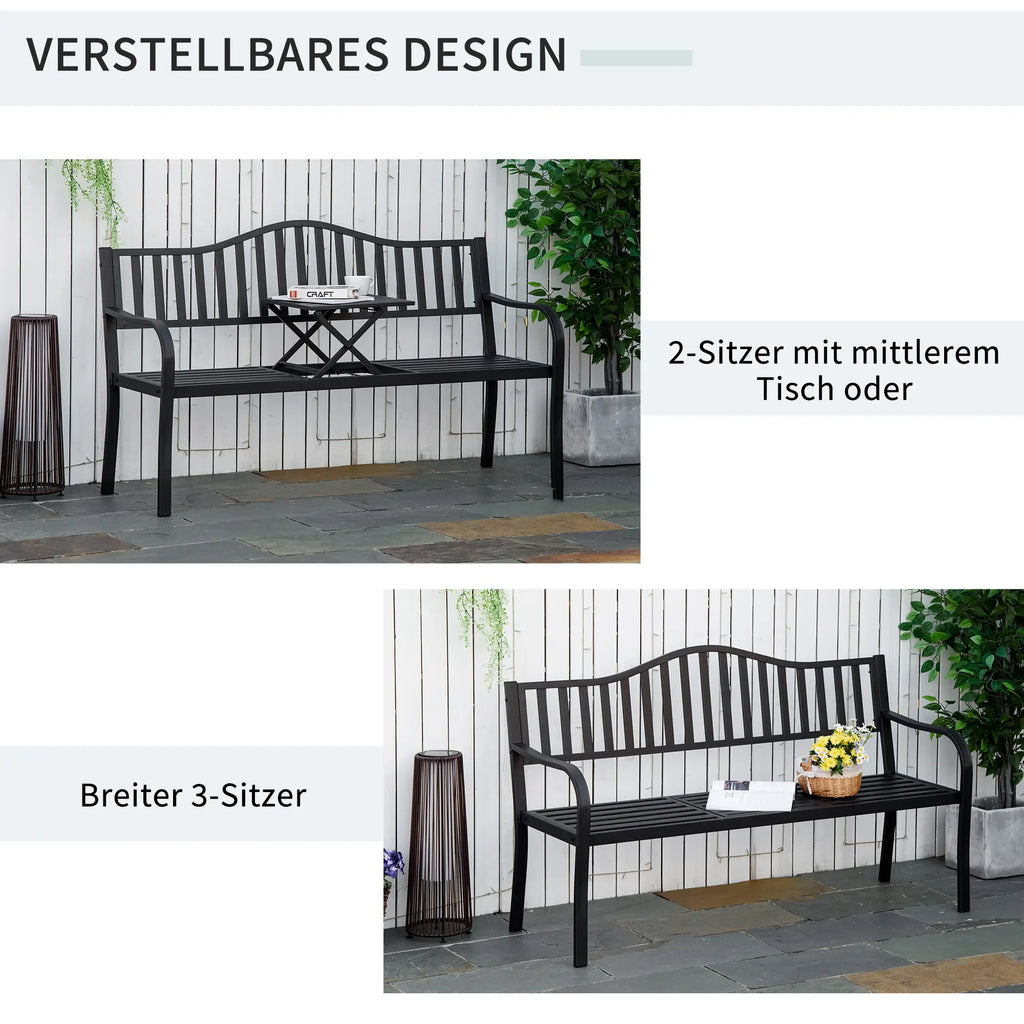 2-Sitzer Gartenbank aus Metall mit Ausziehbarem Tisch – 150 cm, Schwarz