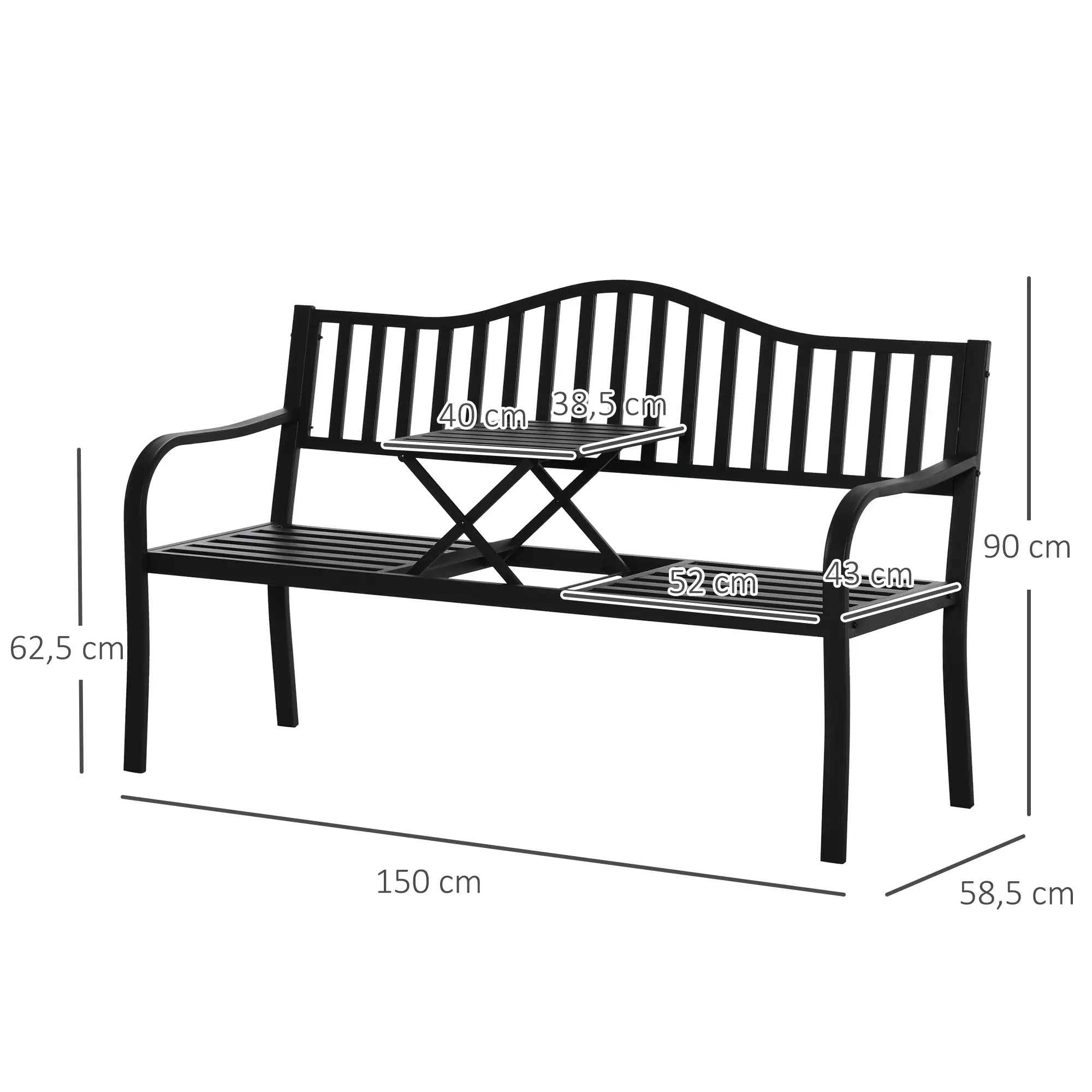2-Sitzer Gartenbank aus Metall mit Ausziehbarem Tisch – 150 cm, Schwarz