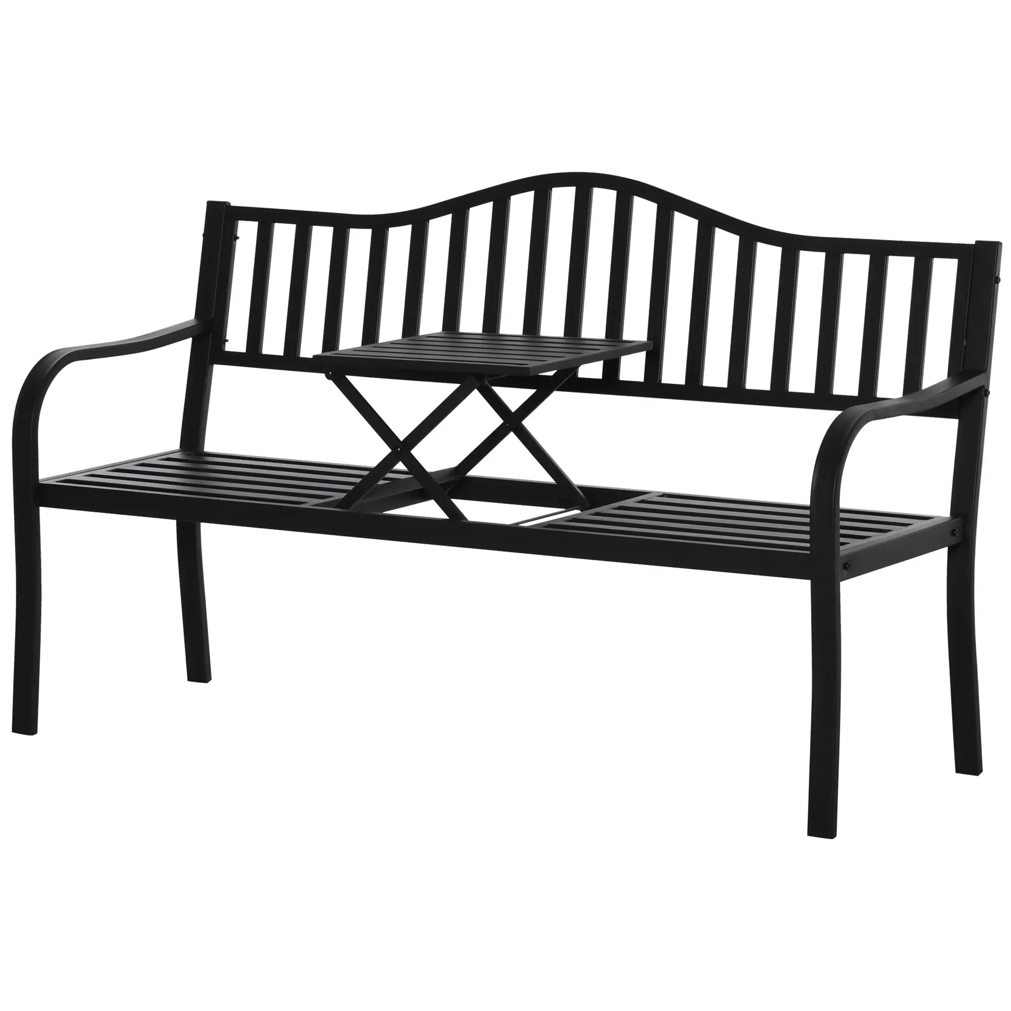 2-Sitzer Gartenbank aus Metall mit Ausziehbarem Tisch – 150 cm, Schwarz