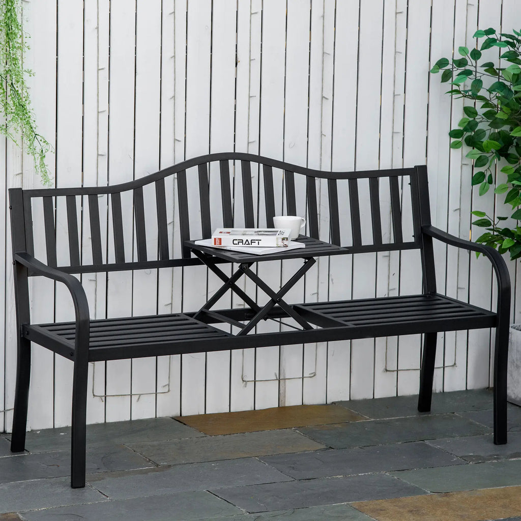 2-Sitzer Gartenbank aus Metall mit Ausziehbarem Tisch – 150 cm, Schwarz