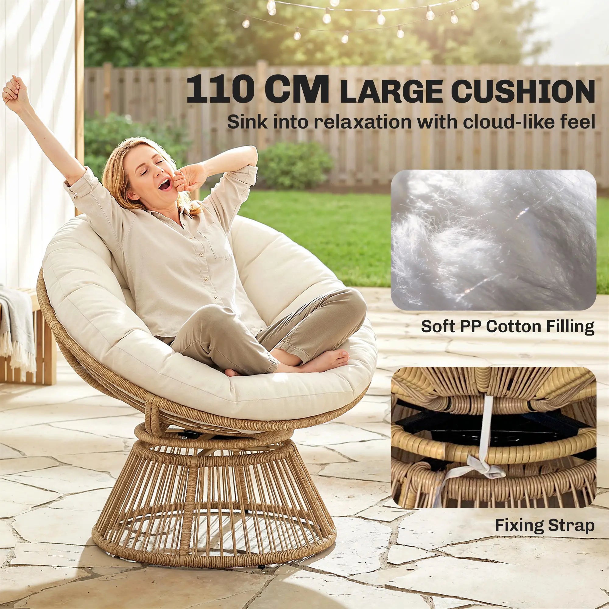 360° drehbarer Papasan-Sessel aus Rattan mit großem Kissen – für innen und außen