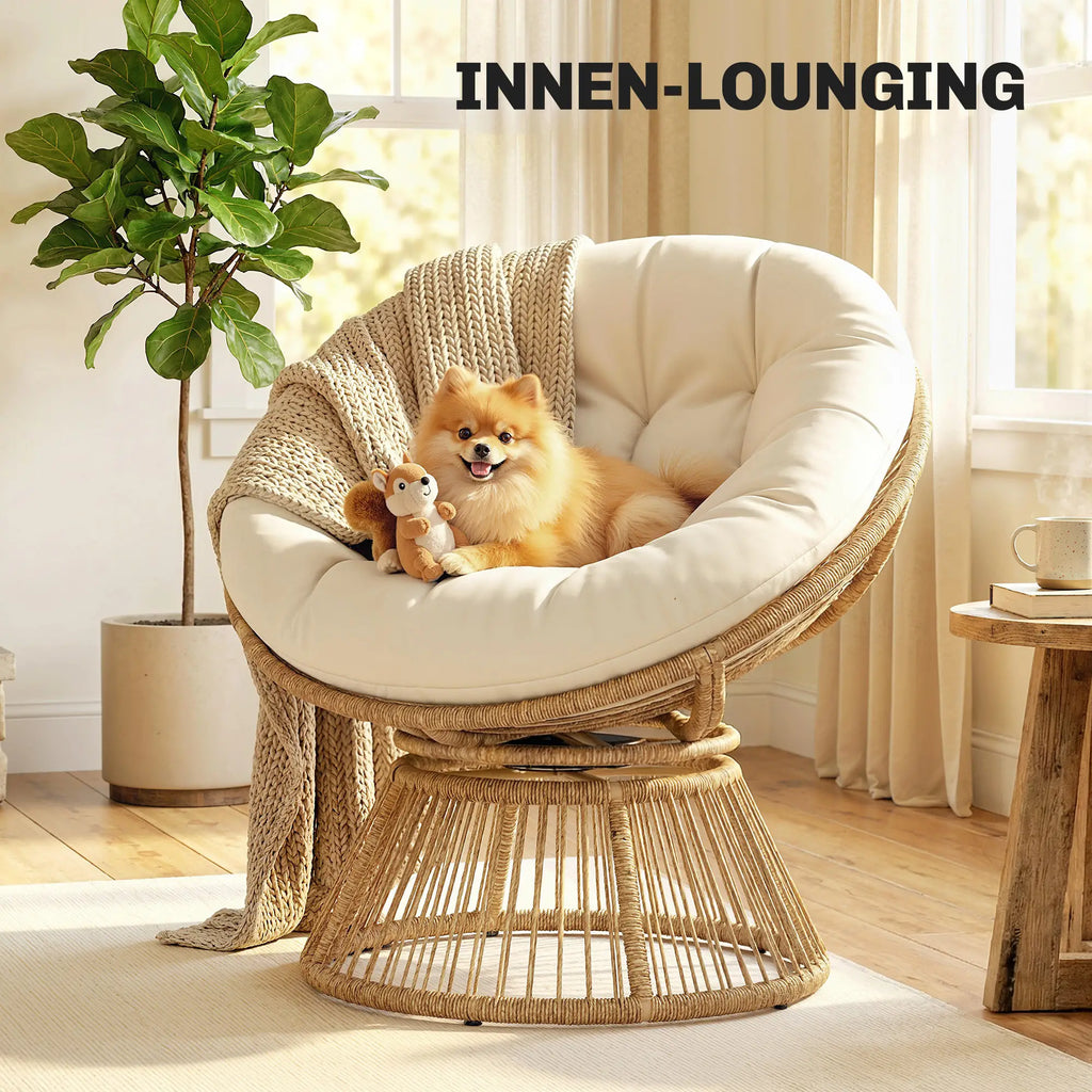 360° drehbarer Papasan-Sessel aus Rattan mit großem Kissen – für innen und außen